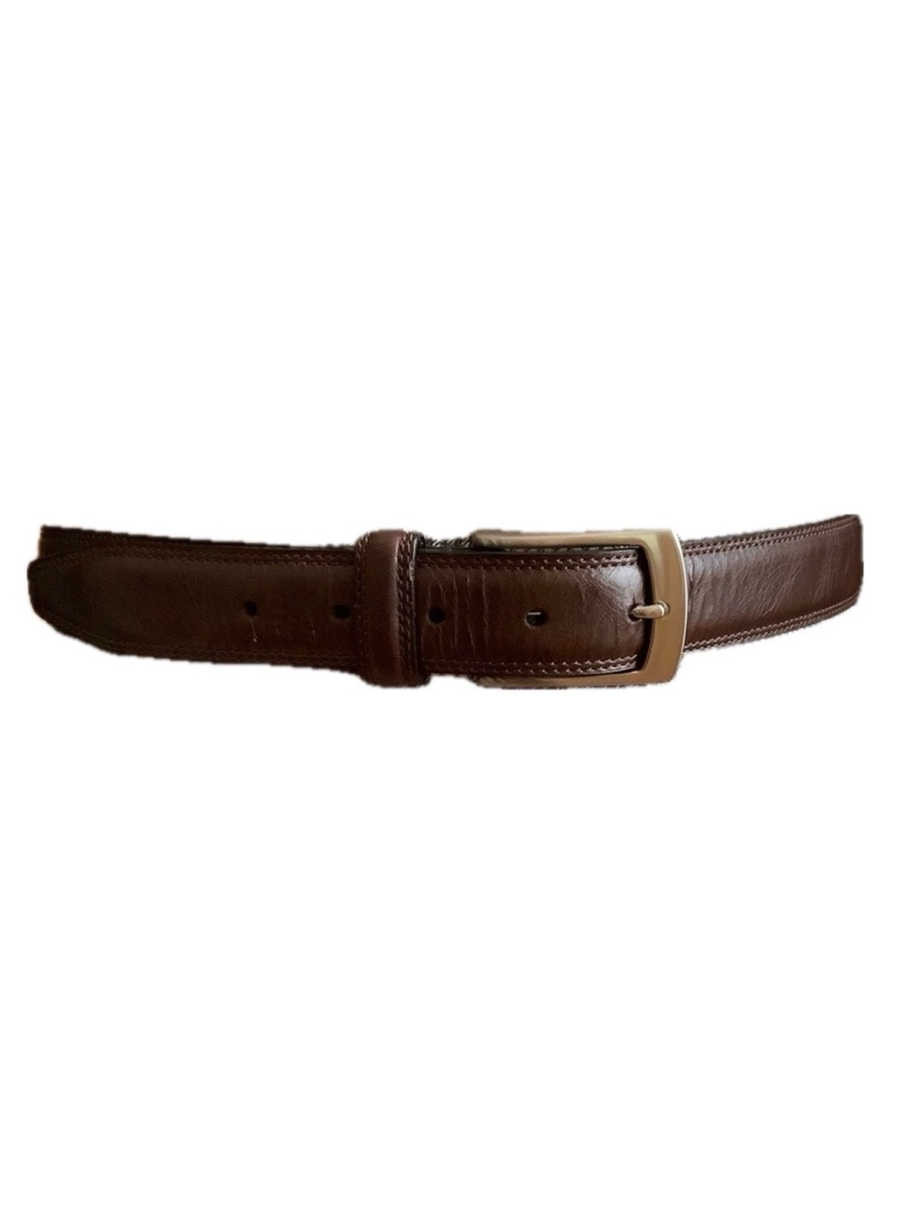VINTAGE Elegant Brown Thick Leather Belt Silver Square Buckle Size 34 85
